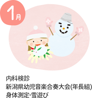 1月 内科検診 新潟県幼児音楽合奏大会（年長組）身体測定・雪遊び